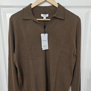 REISS Merino Wool Buttonless Polo Sweater - Medium Brown/Mocha - Size M